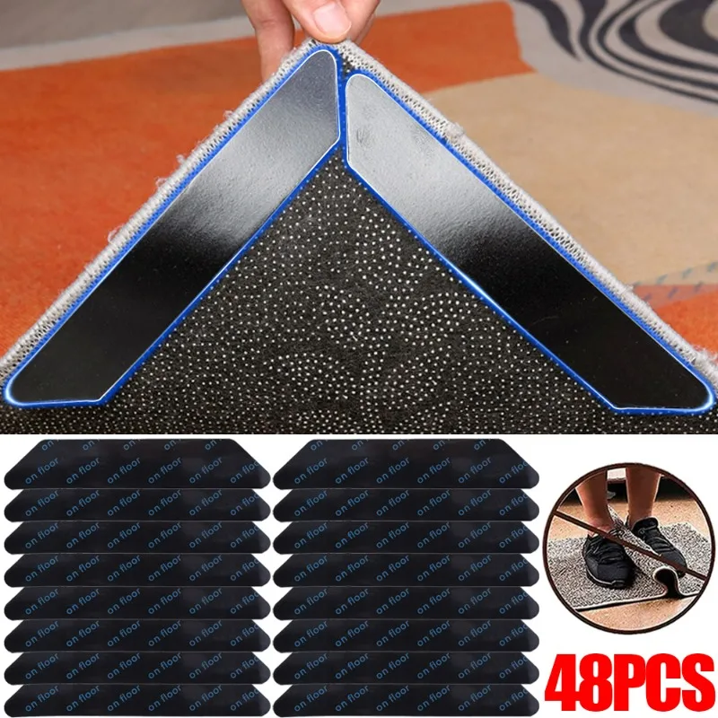 8-48PCS Carpet Non-slip Sticker Double Sided Tapes Reusable Anti Curling Carpet Patch Self-Adhesive Washable Fixed Pad Stickers