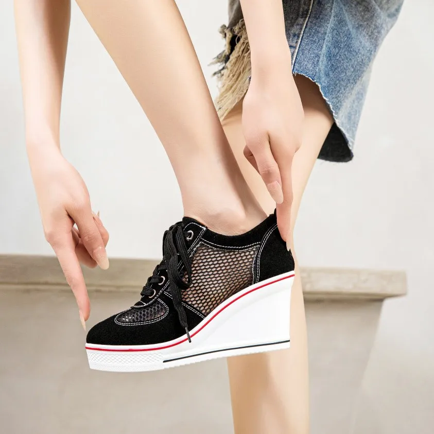 Summer New Round Head Breathable Mesh Slope Heel Flat Heel Women's Shoes Casual Lace up Large Size Thick Bottom High Heels