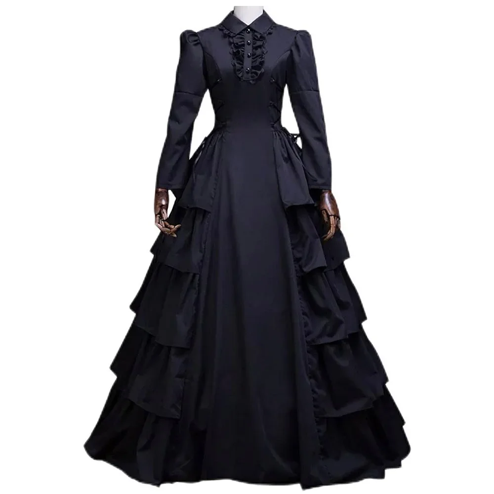 Medieval Gothic Victorian Costume Women Black Princess Long Dress Stand Collar Halloween Cosplay Fancy Gown Dress