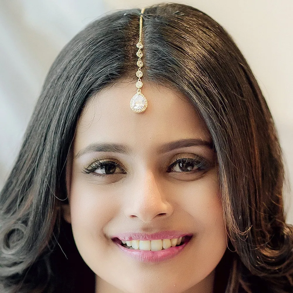 Cubic Zirconia Teardrop Maang Tikka Forehead Chain Indian Crystal Hair Clip for WomenWedding Bridal BollywoodParty Hair Jewelry