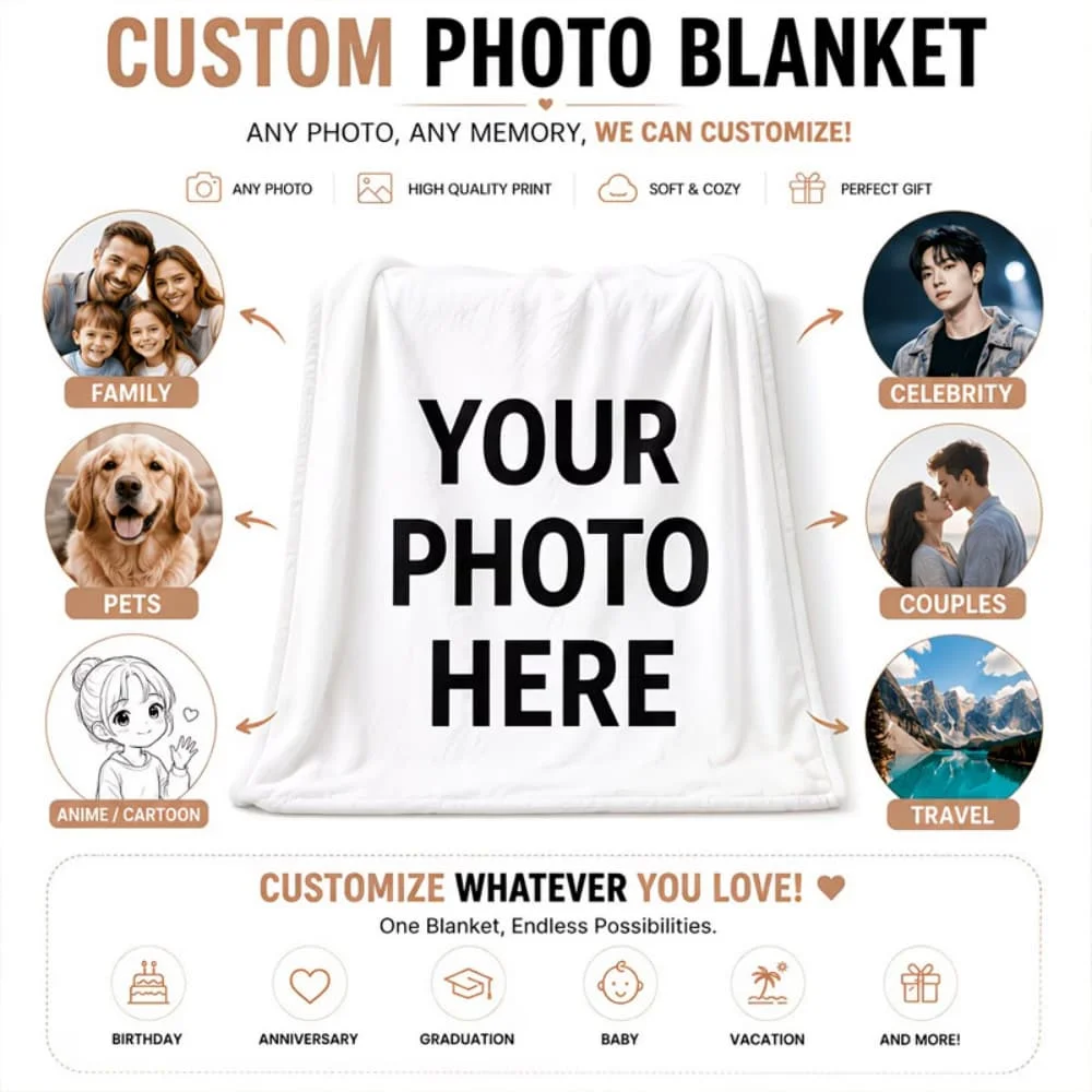 Personalized Custom Photo Flannel Throw Blanket DIY Image Print Blanket Custom Gift for Couple Family Pet Graduation Home Decor