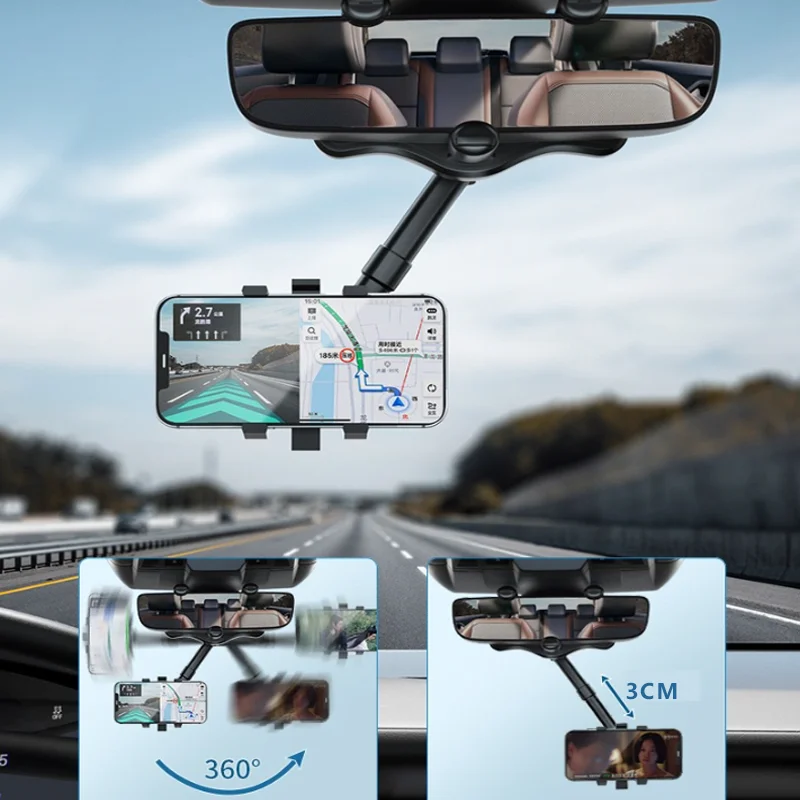 

360° Rotatable Car Phone Holder Rearview Mirror Phone Holder Adjustable Navigator Bracket Retractable for Universal Car Mobile