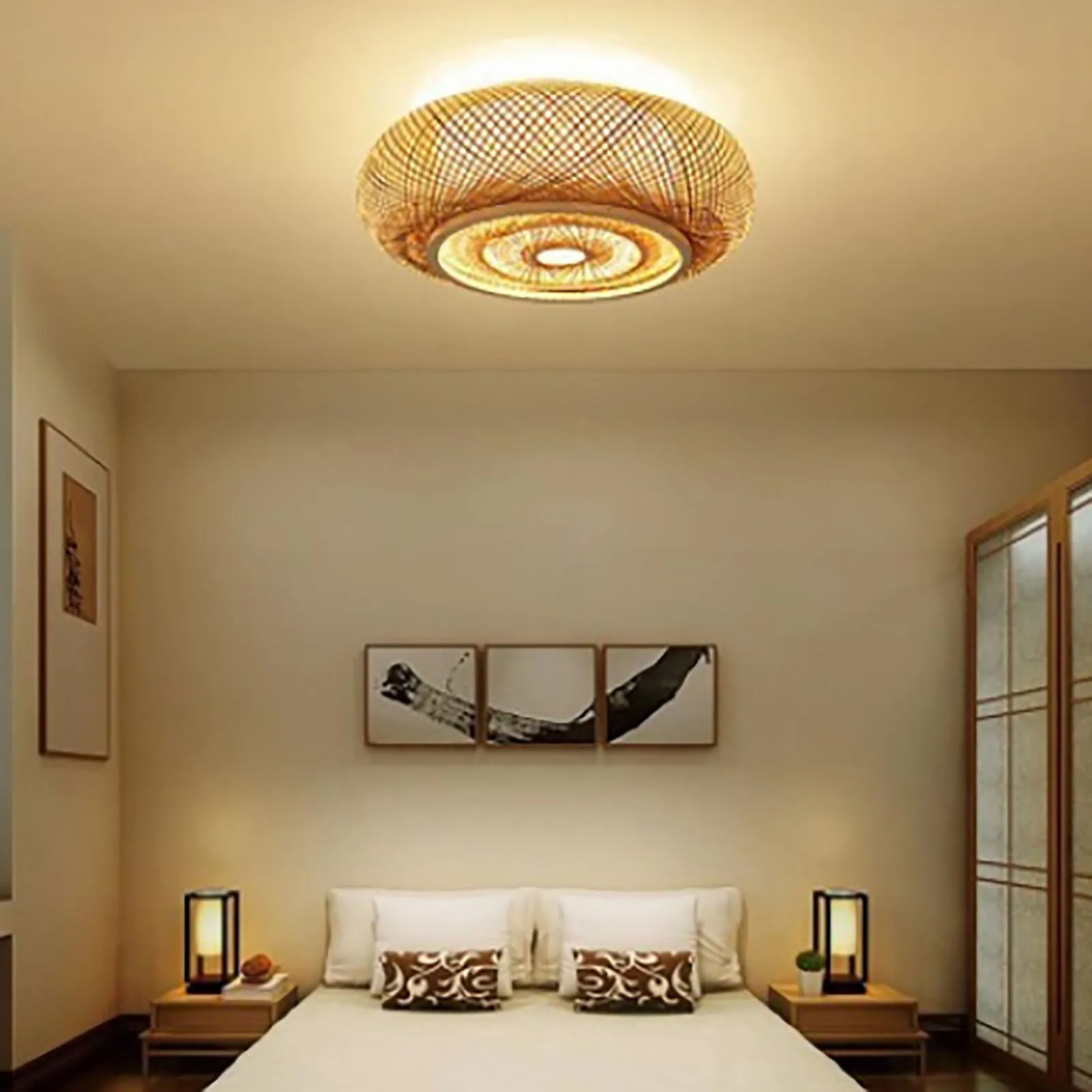 Yellow Hand-Woven Bamboo Ceiling Light, 3 Lights, Drum Shape, E26/E27 Bulb Base, Rustic Lodge Style,