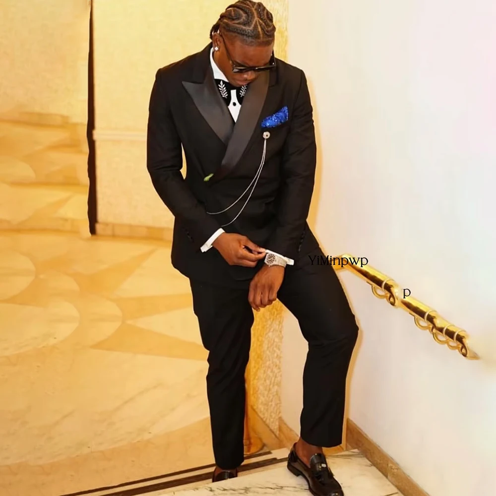 

YiMinpwp Men Suits For Wedding Satin 2 Pieces Peak Lapel Male Best Costume Homme Jacket With Pants Contrast Neck Bespoke Suit