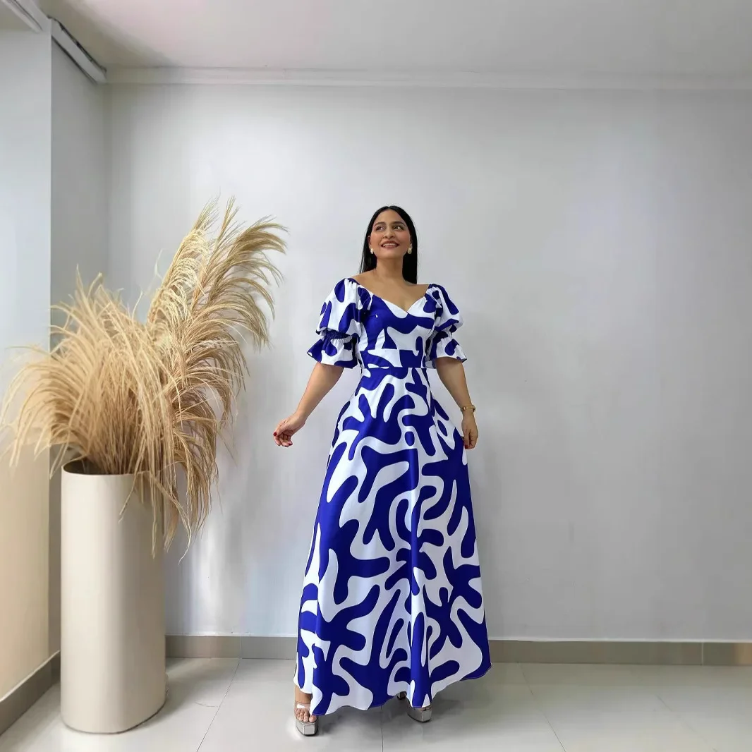 

American European New Fashion Summer Women's Blue Printed V-neck Short Sleeve Ankle Length Dresses Female Casual Trendy Clothes