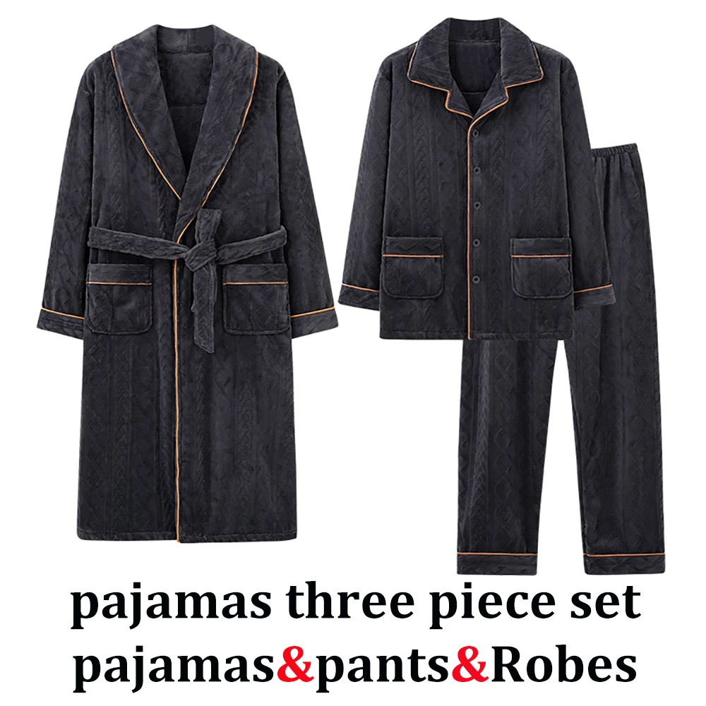 3pcs Winter Warm Pajamas Sets For Men Bath Robe Pajama Luxury Flannel Thicken Sleepwear Cozy Sleeping Clothes pyjama homme hiver