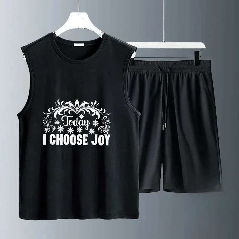 

2025 Summer Men Vest Set Breathable Comfortable T-shirts + Shorts Set Two-piece Suits Teenager Lightweight Thin Sports Tee Tops