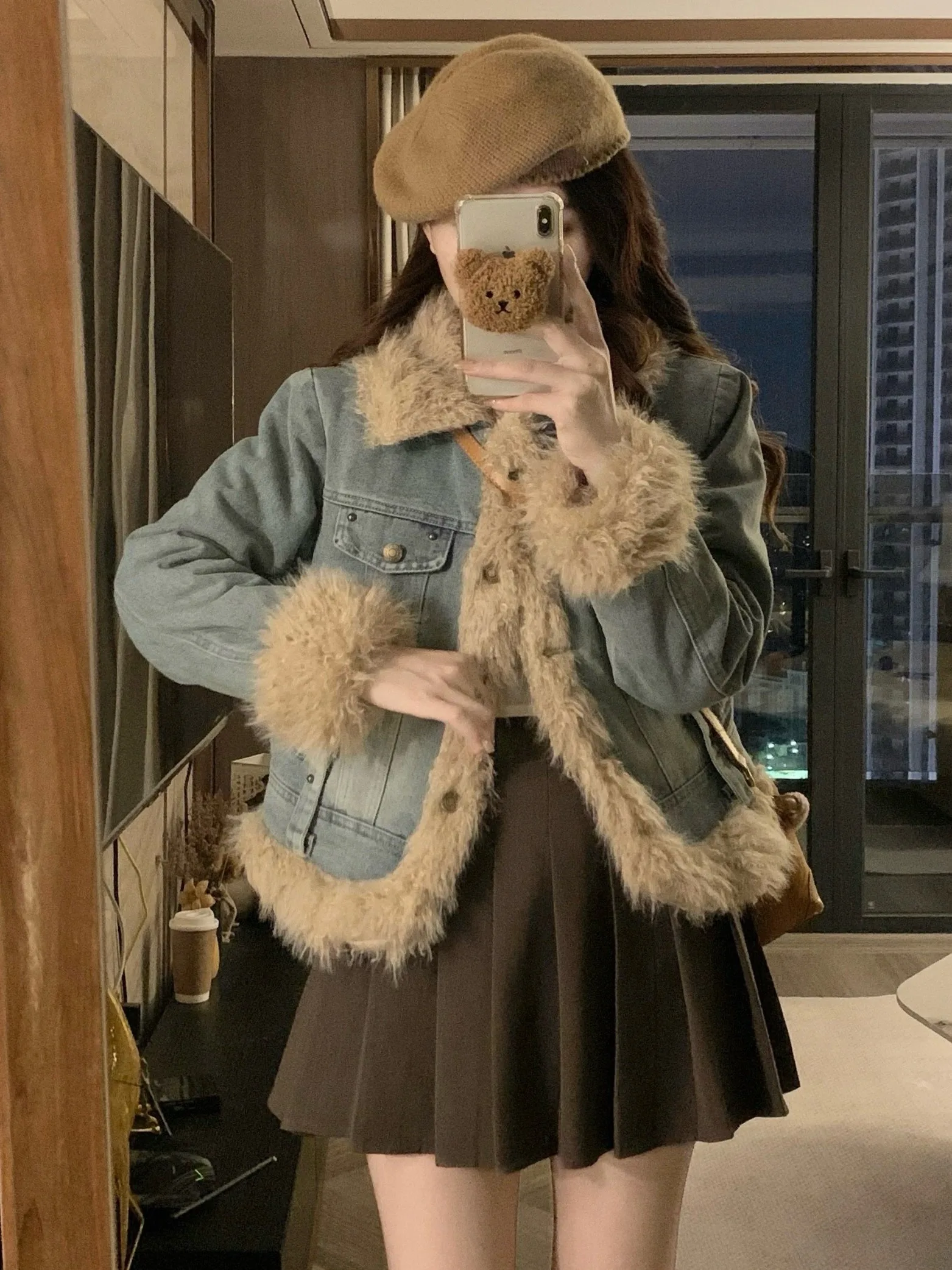 

Retro Design Patchwork Fur Denim Autumn Winter Jaet Women's Commute Warm Cotton Coat Straight Cut Old Sle Thiened ort