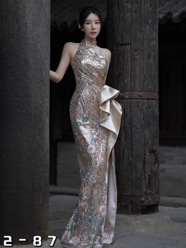 Evening dress for women, gold sequined fishtail dress, petite bride, engagement banquet toast dress