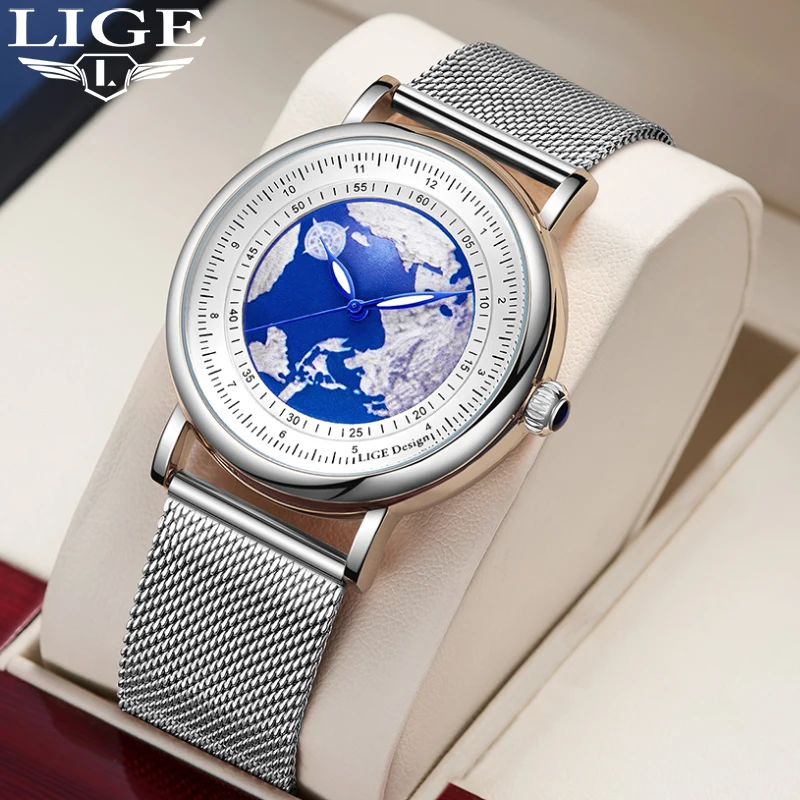 

LIGE Top Brand Luxury Quartz Watch Ultra Thin Mesh Strap Watch Men Blue Planet Creative Earth Waterproof Casual Sports Man Clock