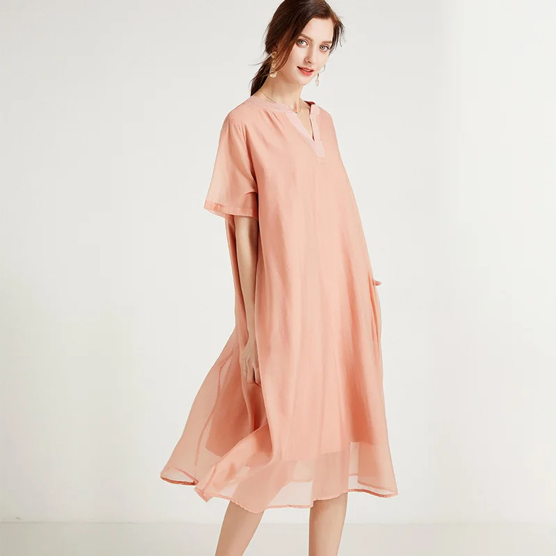 

Women's Elegant V Neck Short Sleeve Dress, Plus Size, Thin, Big Size, Black, Green, Summer, New, Euramerican Fashion Show