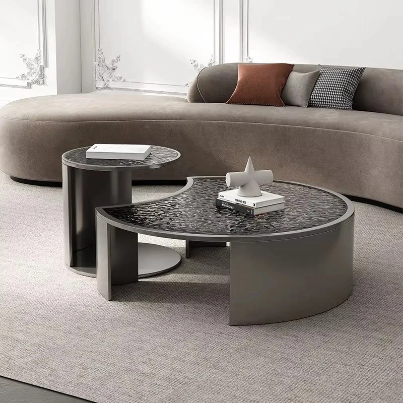 Glass coffee table combination nested stainless steel center table modern round living room coffee table