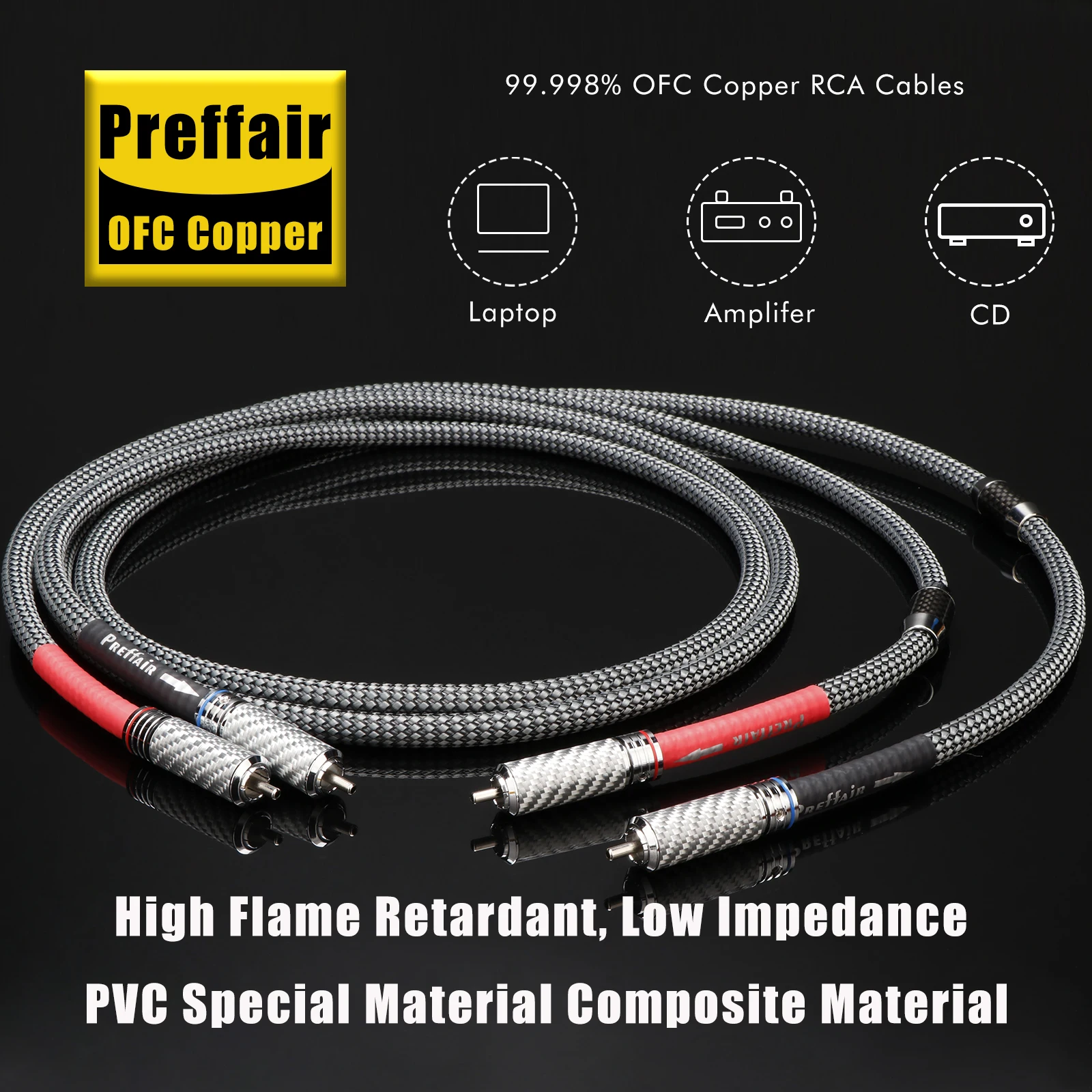 1 Pair Preffair X404R1720 RCA Audio Interconnect Cables with Rhosdium Plated RCA Carbon Fiber Plug Connector