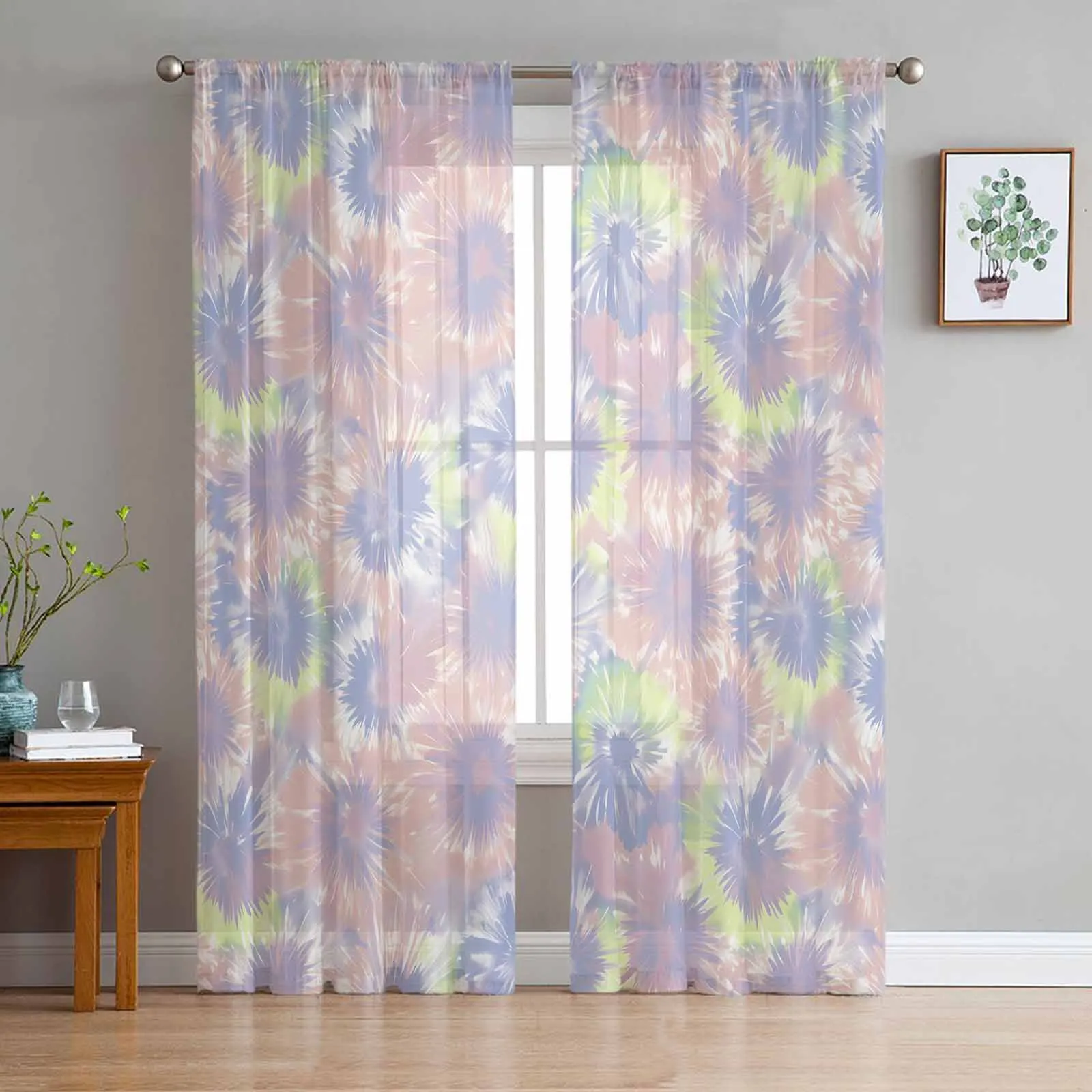 Tie Dye Ethnic Style Abstract Watercolor Tulle Curtains for Living Room Bedroom Sheer Voile Curtain Home Decor Kitchen Curtain