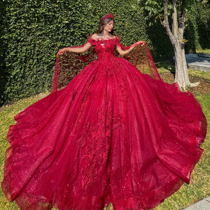 

Red Sparkly Crystal Princess Quinceanera Dresses Luxury Crystal Off Shoulder Corset vestidos de 15 años quinceañeras 2024