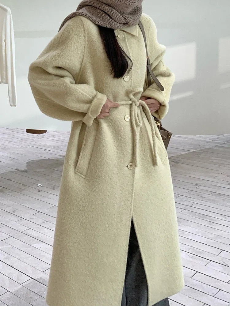 

Office Lady Single-Breasted Alpaca Woolen Jackets 2025 Winter Lapel Lace-Up Warmer Thicker Loose Long Women's Wool Coats