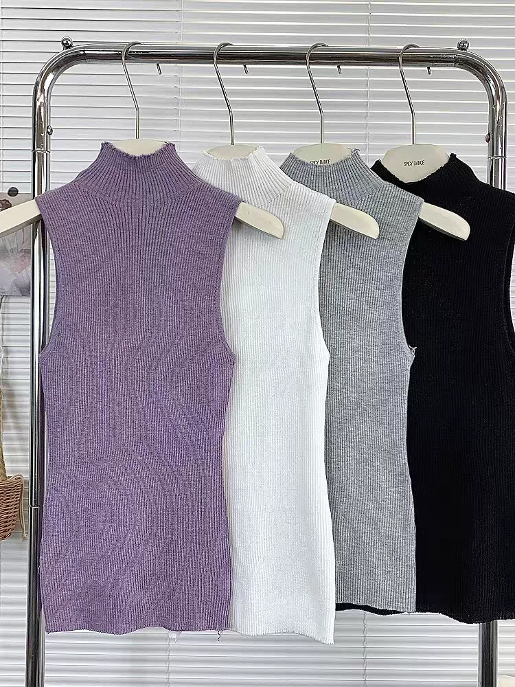 Mode Rippen Gestrickte Sexy Tops Rollkragen Sommer Grundlegende Shirts Dünne Dünne Lila Casual Ärmellose Weste frauen Tank Top – Detail 11