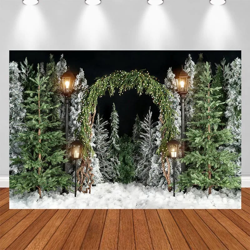LS Christmas White Forest Entrance Backdrop Photography Snowy Lantern Gift Fence Path Background Winter Kid Photo Studio