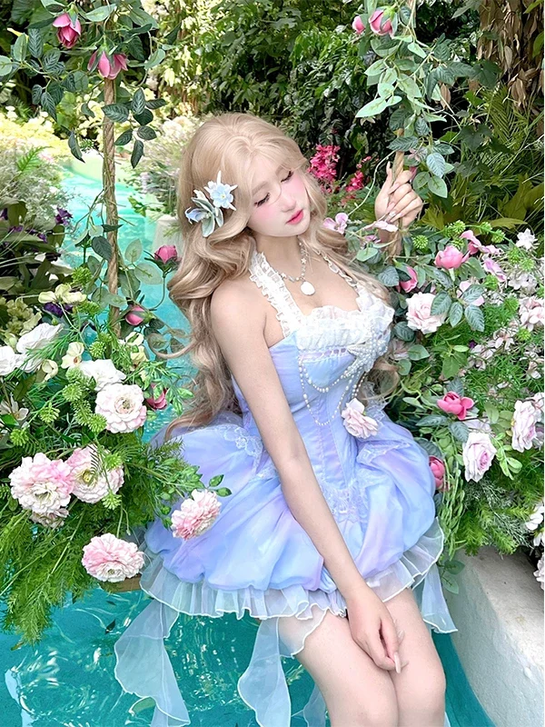 2025 جو الشاطئ عطلة الصيف جزيرة نمط مثير الرسن الرقبة التخسيس أنيقة الجنية نمط فستان قصير قنديل البحر برعم تنورة