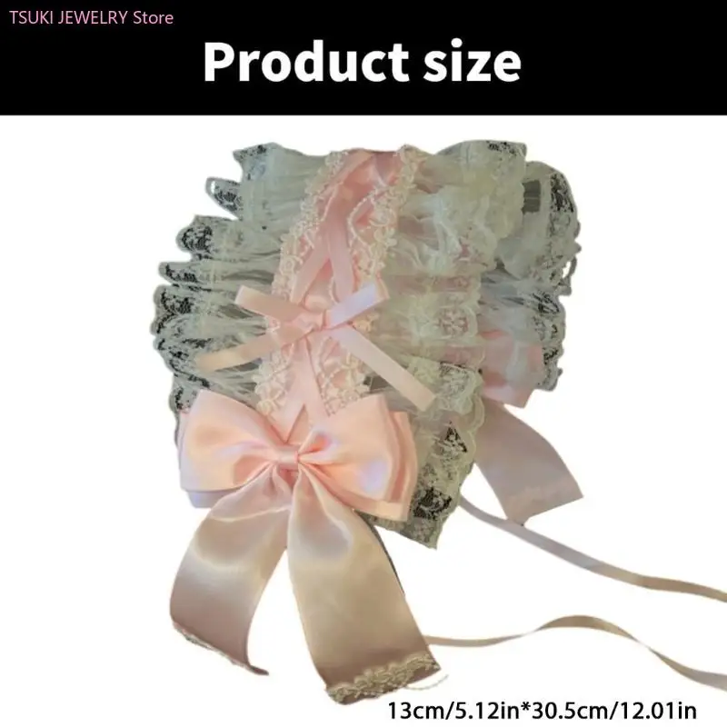 62KE Stijlvolle Lolita-hoofdband Gegolfd kant en strik Hoofddeksels Verstelbare haarbandaccessoire voor en feestkleding