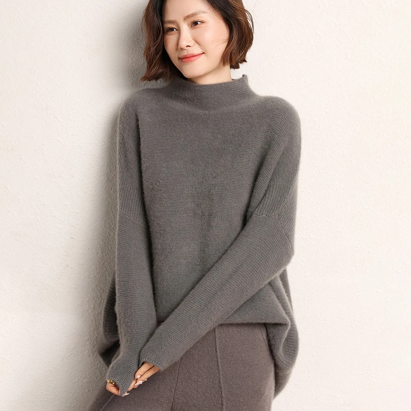 Autumn and Winter  New Women's Half High Collar Thickened Cashmere Sweater Medium Long Sweater Loose Knit Bottoming Shirt