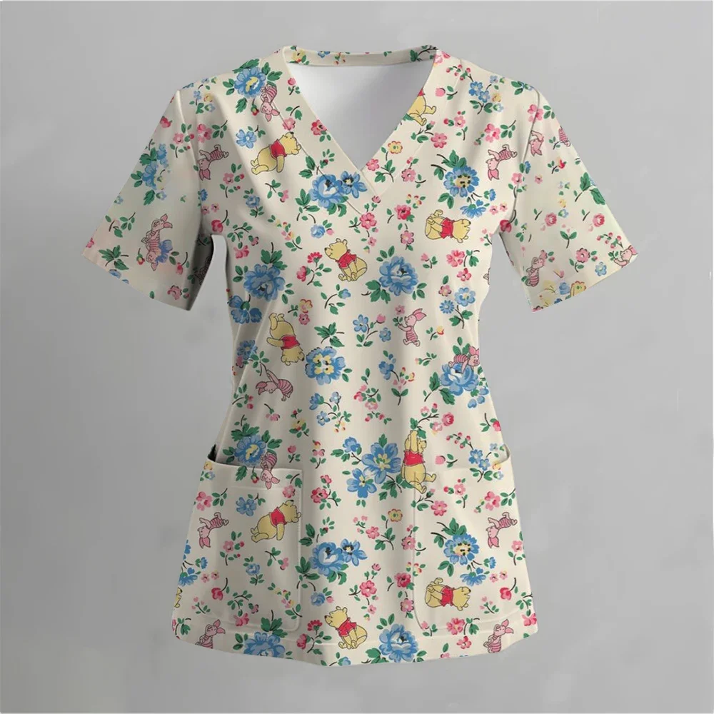 

Disney Y2k Kawaii Nurse Uniform Tee Women V Neck Pocket T Shirt Summer Street Fashion Short Sleeve Top woman clothes