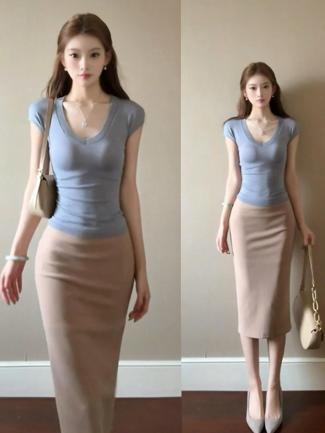 

Sexy V-neck Top And Bodycon Skirt Two-piece Set Women's Fashion Summer 2026 Comfortable Cotton High-waist Midi Skirt