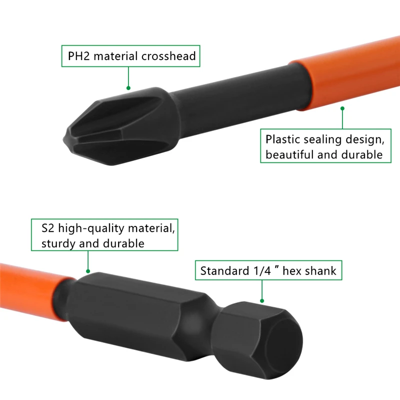 1/6pc Magnetic Cross PH2 Bit S2 Alloy Impact Batch Head Hardness Screwdriver Bit Anti Non-slip Screw Driver Hand Drill Bit Tools