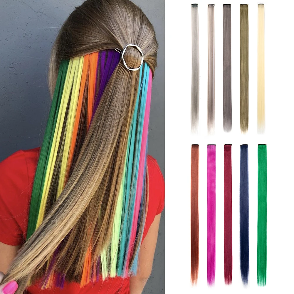 10 PCS Colored Clip in Hair Extensions 22 Inch Rainbow Straight Synthetic Hairpieces For women Cosplay Party Christmas New Year