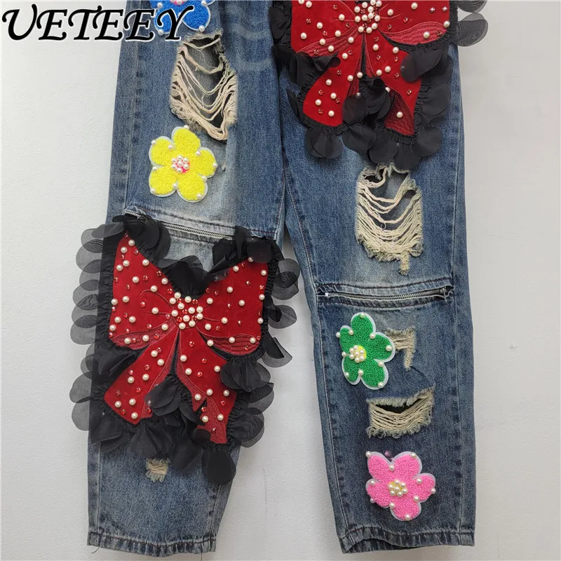 Wiosenno-jesienne, nowe, szerokie jeansy damskie z dużymi kokardami, kwiatami i przetarciami, modne spodnie dżinsowe w stylu europejskim i amerykańskim.