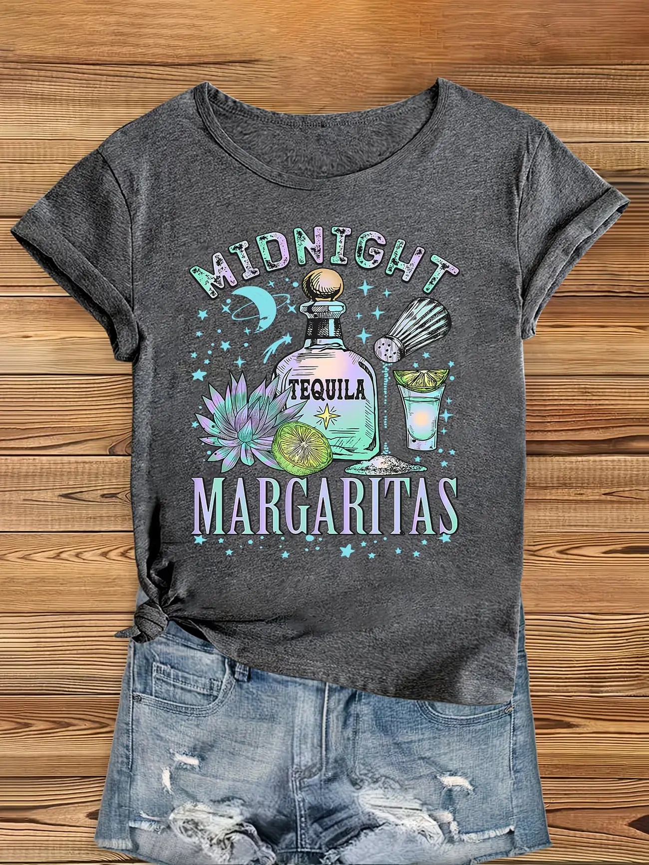 

Plus size women's short sleeve T-shirt Midnight Tequila Margaritas Stars Moon Everyday comfortable and versatile style summer