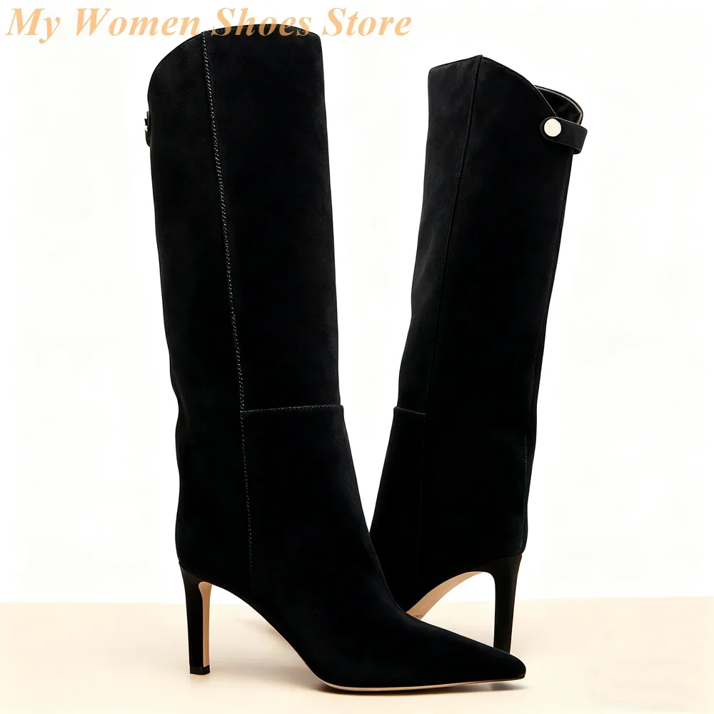 Suede Back Buckle Blue Boots Stiletto Thin High Heel Slip On Sexy Pointy Toe Runway 2026 Winter Autumn Women Dress Shoes view 5