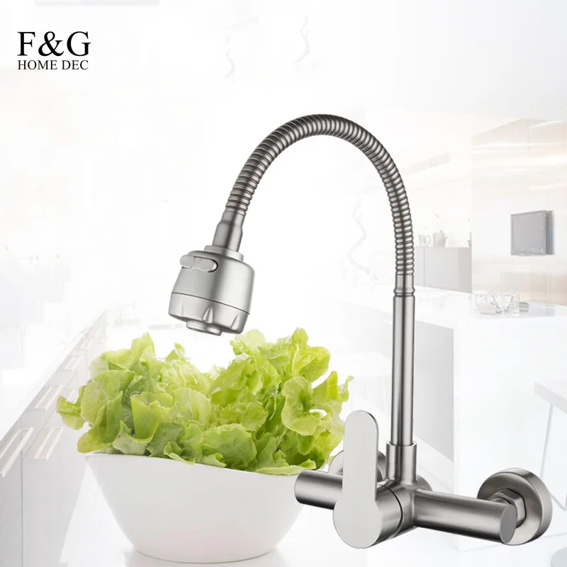 SUS304 Wall Mount Kitchen Faucet Mixer Sink Water Taps 360 Degree Free Rotation Flexible Hose Grifo De Cocina De Pared Plateado