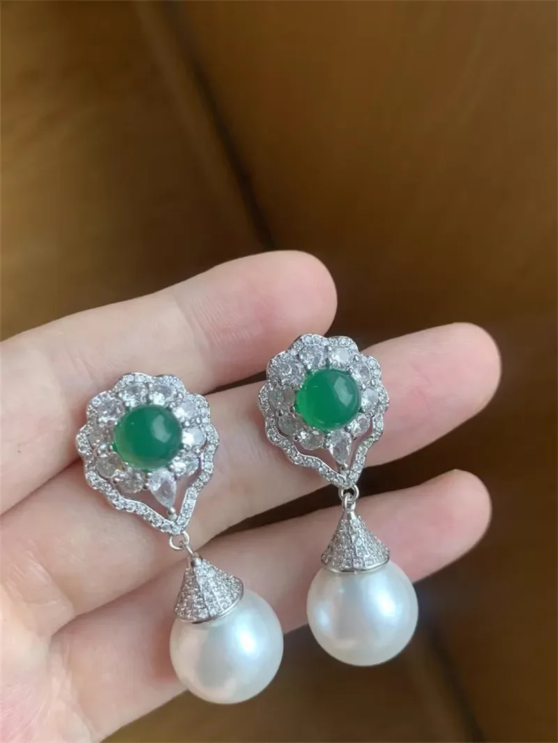 Elegant Palace Natural Green Jadeite Pearl Pendant Earrings for Women, High Quality Vintage Fashion Jewelry Accessories Gift