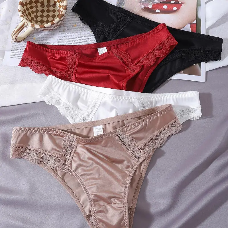 New Women's Silky Satin Low Waisted Underwear Sexy Lace Triangle Pants With Silk Texture Breathable Comfortable Shorts Underwear