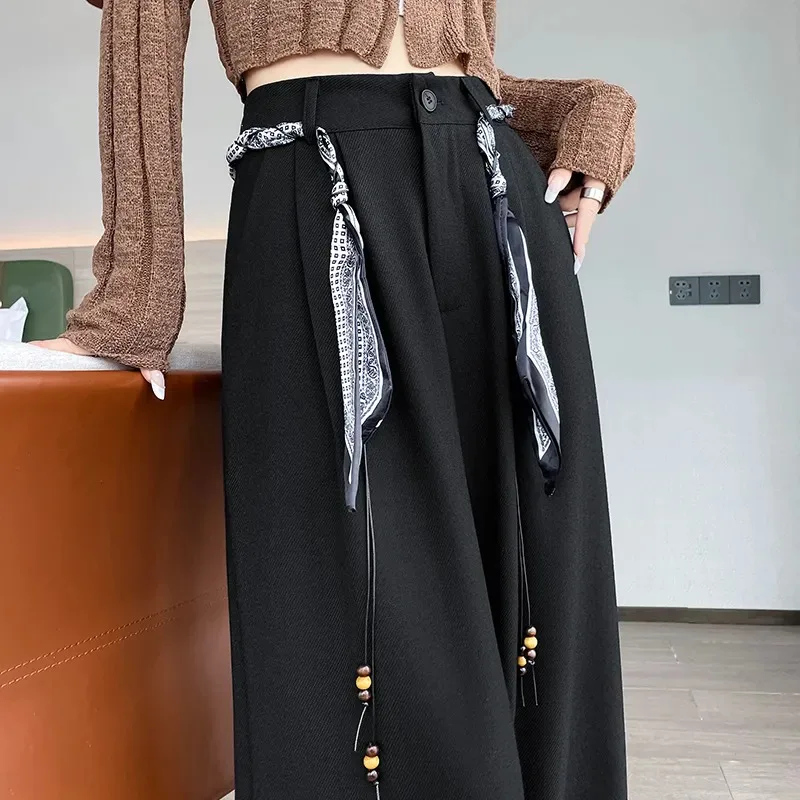 秋の新作 ハイウエスト ドレープ織りベルト付き ストレート カジュアル ワイドレッグ スーツパンツ