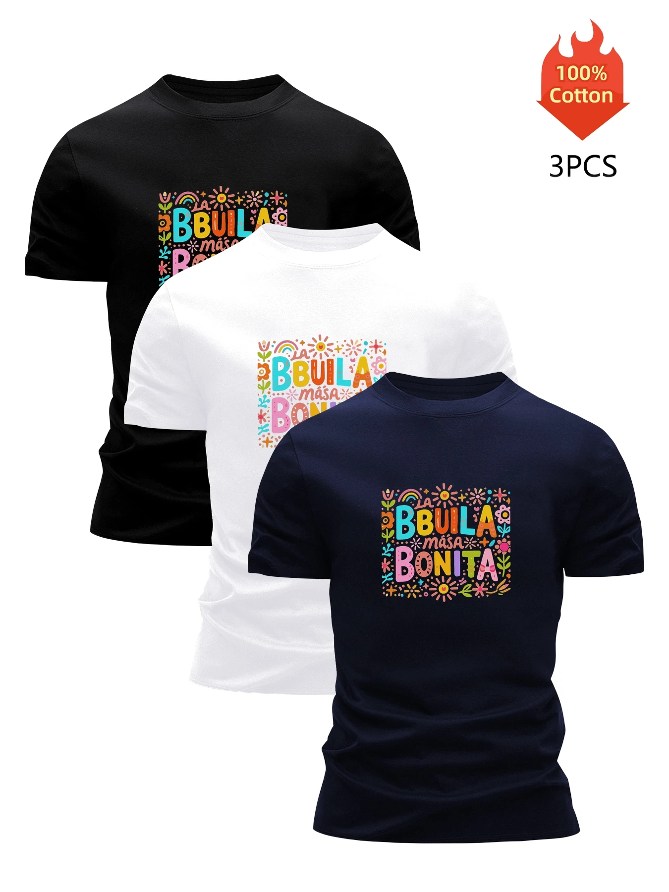 3 Pack Printed T-Shirt Men's 100% Cotton Graphic Tees Funny Summer Blouse Casual Breathable Cool Luxury High Quality Clothing