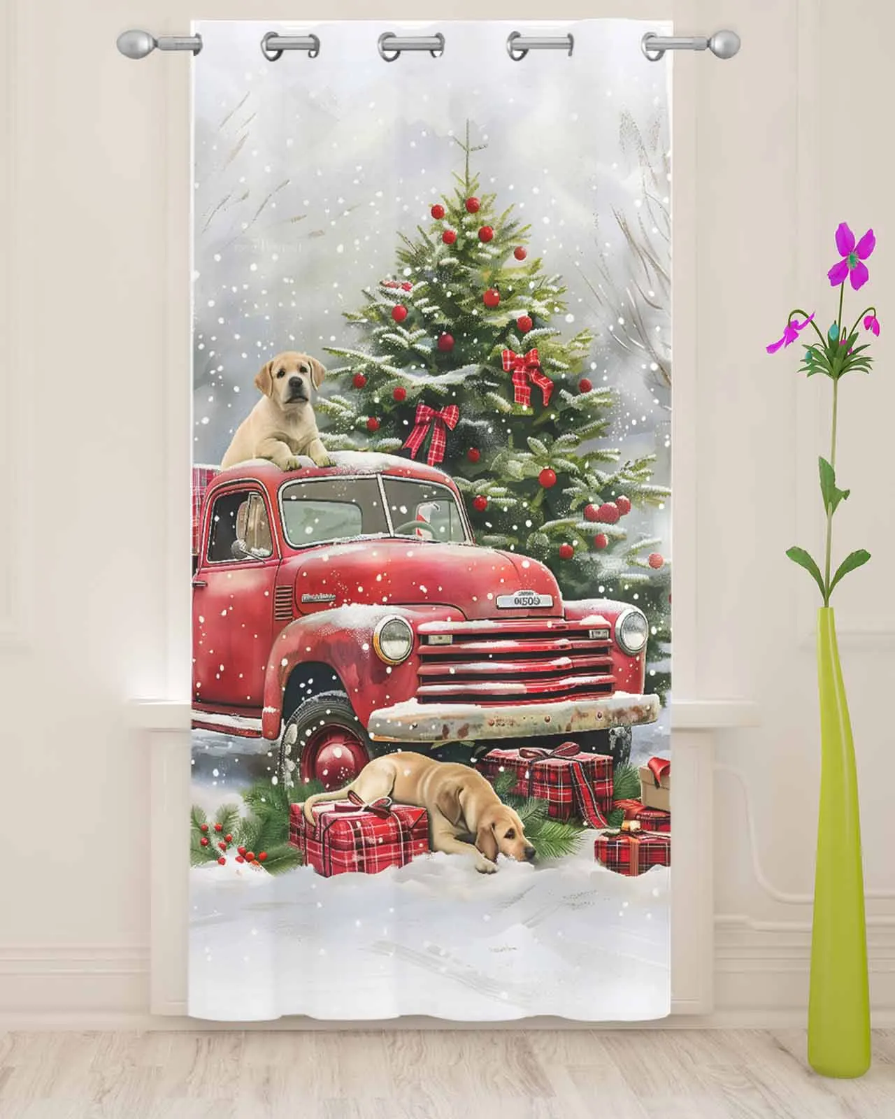 Christmas Snowy Forest Dog Gift Evergreen Tree Sheer Curtains For Living Room Modern Valance Curtains For Kitchen Tulle Curtains