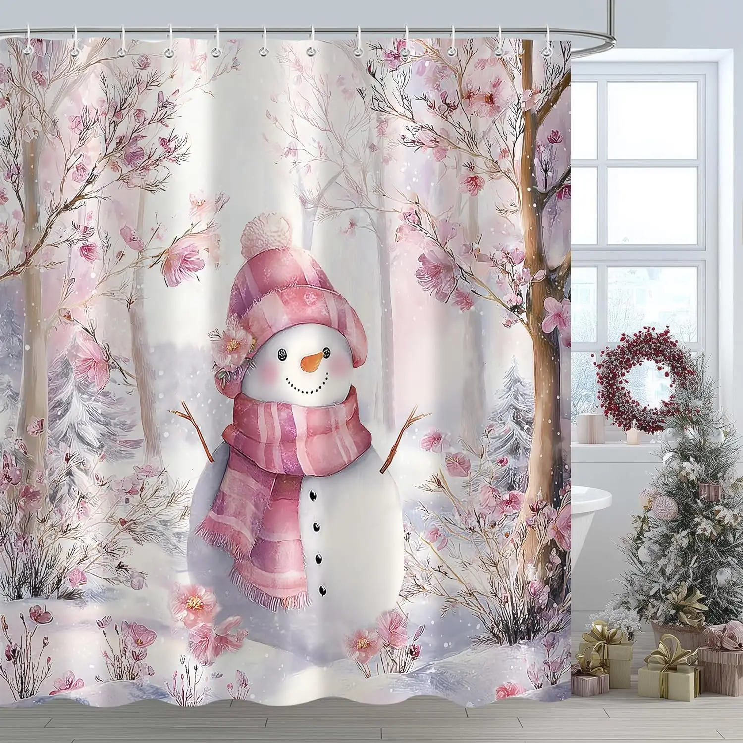 

Pink Christmas Snowman Shower Curtain, Winter Snowflake Funny Rustic Tree Branches Forest Xmas Holiday Decor Bath Curtain Set