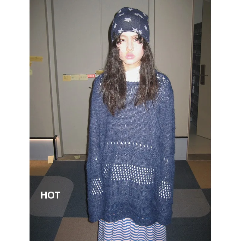 

Ретро-корейский повседневный вязаный свитер с ажурным узором, мягкий, уютный, для отдыха, с длинными рукавами, круглым вырезом, дышащий, весенняя новинка