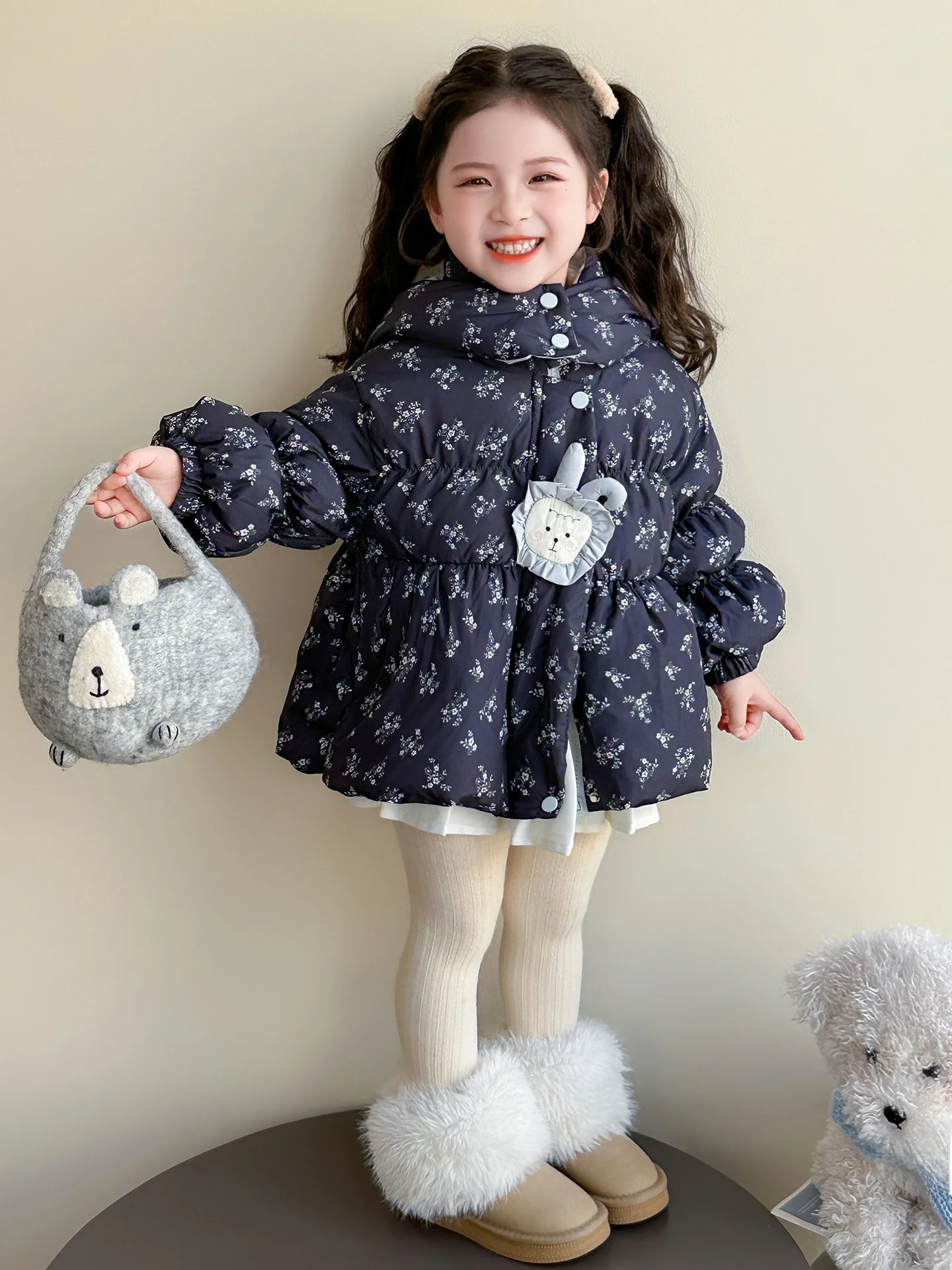 

Korean Sle Thiened Rabbit Ear Floral Cotton Jaet Coat for Baby Girls Winter New Arrival Warm Cotton Clothes