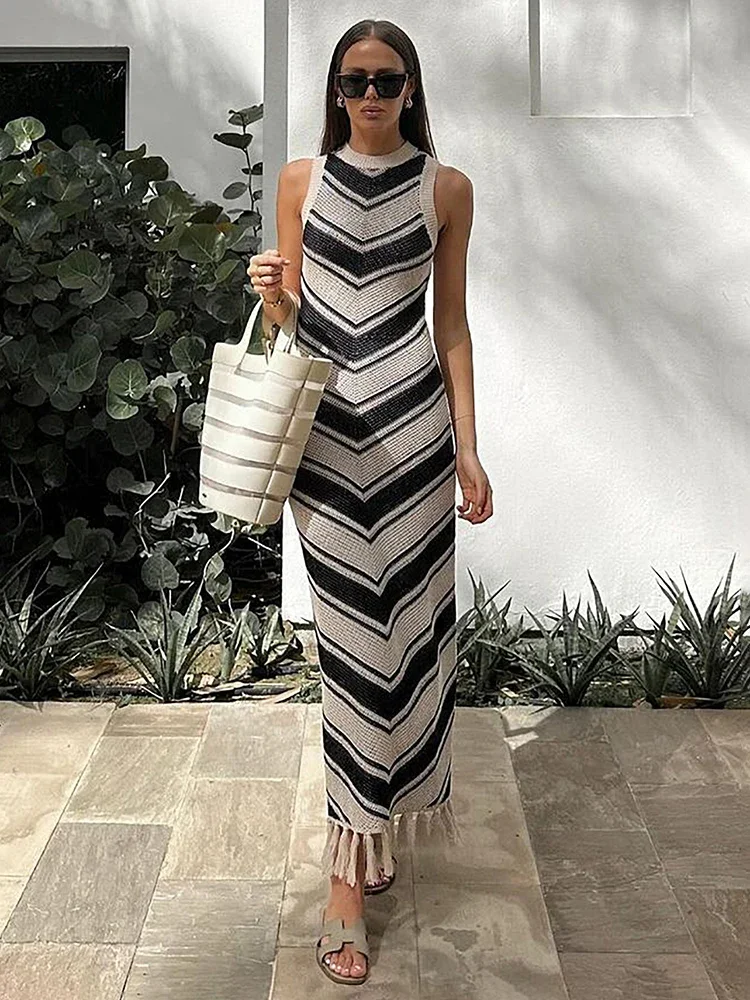 Sexy Tight Striped Tassel Knitted Dress For Women Sleeveless 2024 Summer Fashion Beach Party Evening Long Knitwear Dress