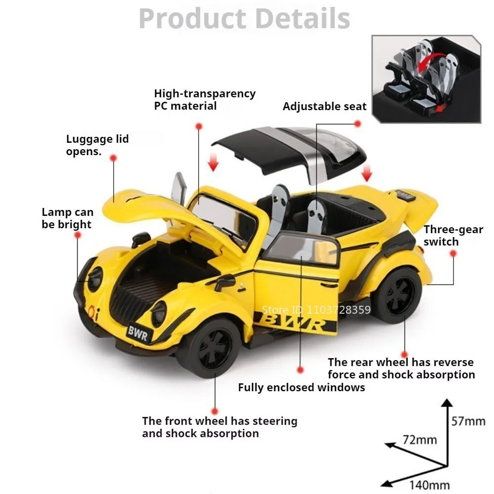 1:32 Scale Car Toy Beetle Models Alloy Diecast Doors Opened Pull Back Sound Light Rubber Tires Simulation Vehicle for Kids Gifts - view 2