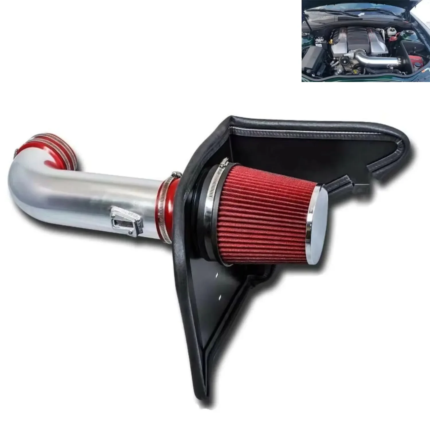 Red Silver 4'' Cold Air Intake System Kit + Heat Shield Red Filter for Camaro 6.2L V8 10-15