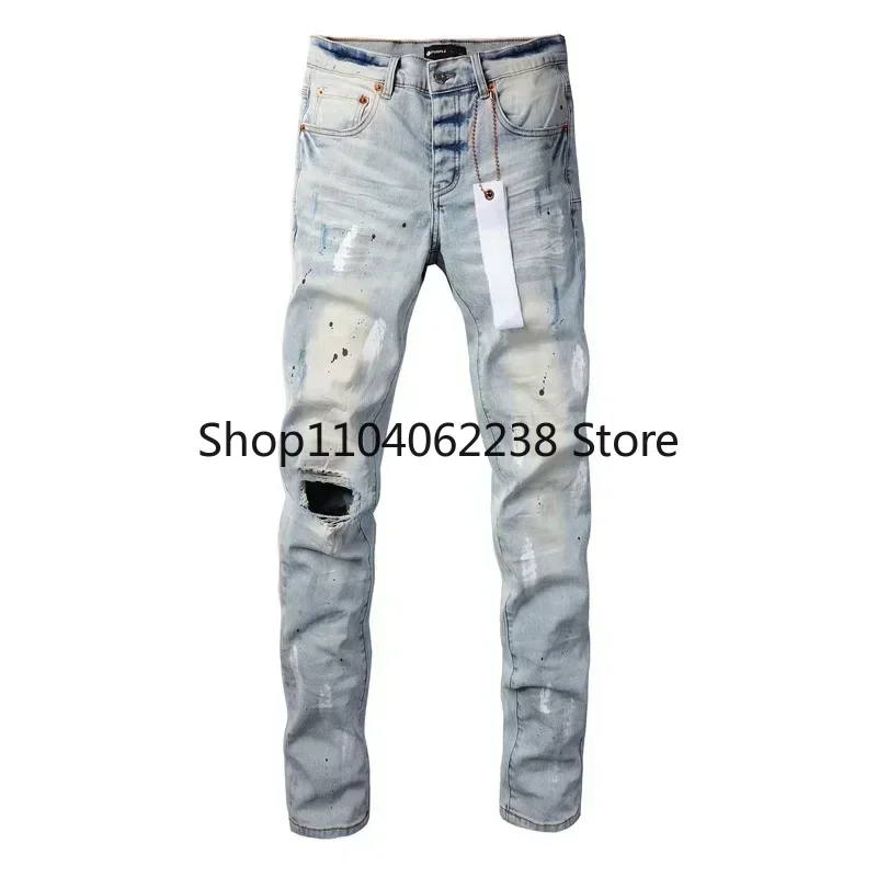 2024 Purples jeans Men brands High street blue do vintage high quality repair low elevation skinny hold denim trousers pants