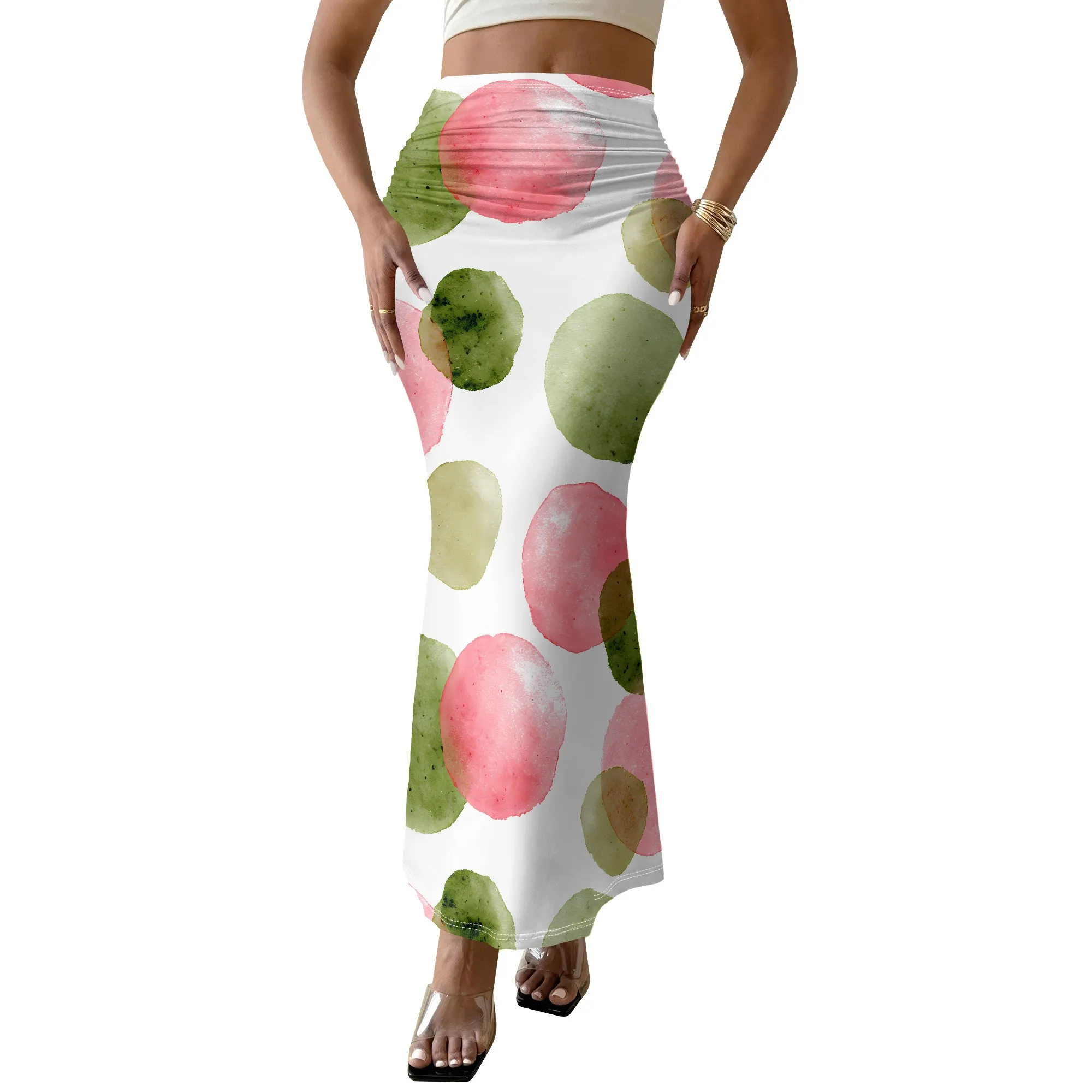 Watercolor Polka Dot Print Skirt Artistic Abstract Pattern Midi Skirt Pink Green Circle Design Women's Skirt Summer Beach Wear