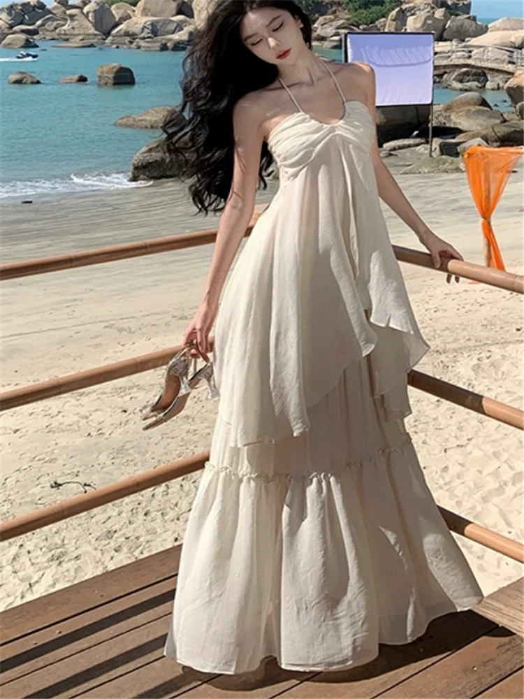 French Summer Women 2 Pieces Sets Beige Fashion Sexy Strapless Irregular Long Camis Top&Long Skirt Holiday Seaside Beach Dress