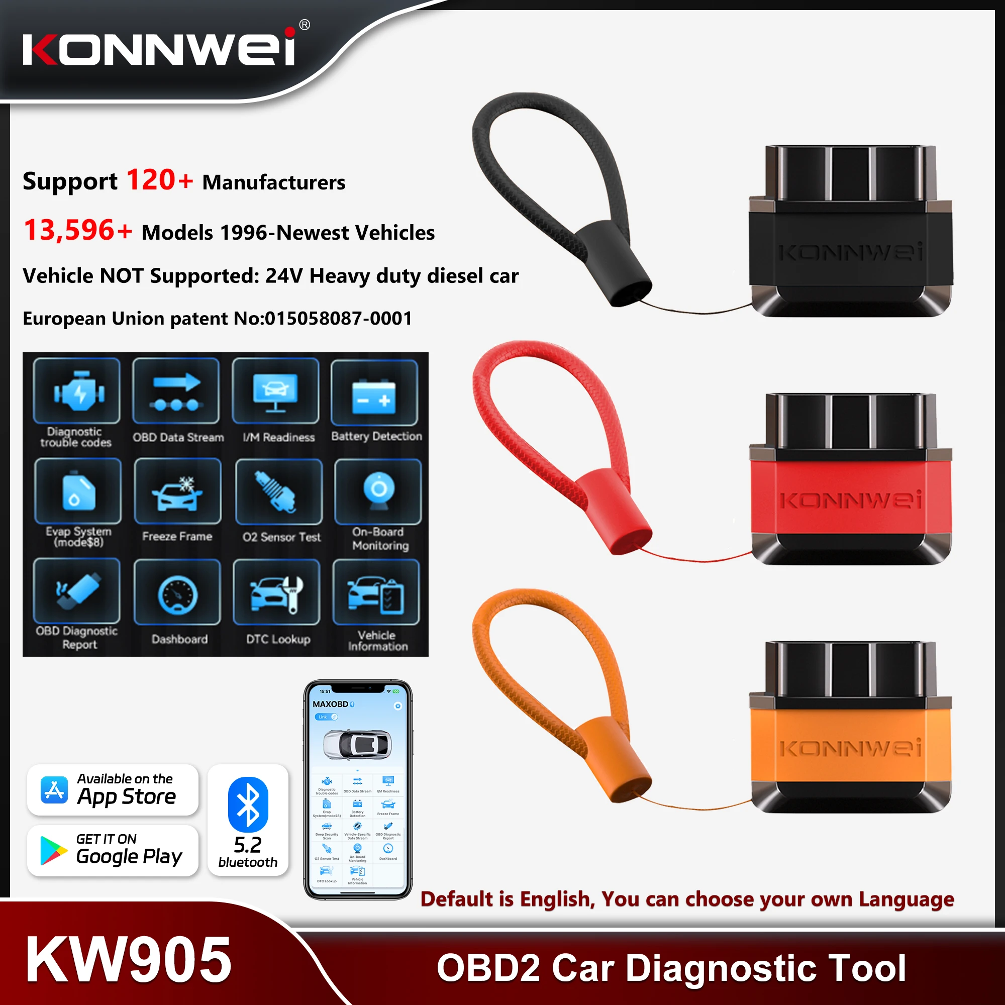 KONNWEI KW905 ELM327 OBD2 Car Scanner Bluetooth 5.0 Engine Fault Scanner Tool OBDII Code Reader Diagnostic Tool for Android/IOS