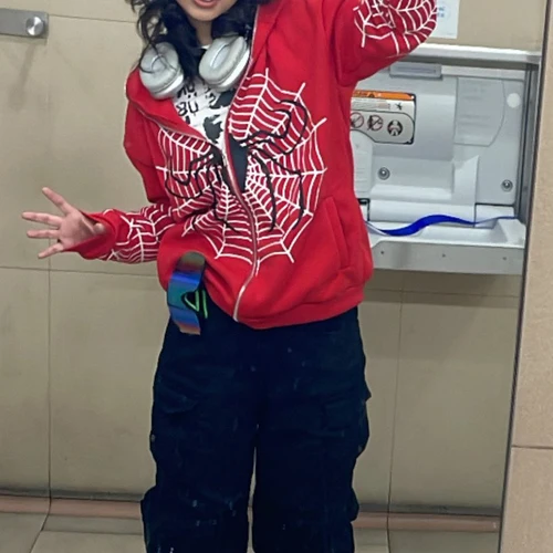 Imagen 2 del producto Sudaderas con capucha Y2k con esqueleto de diamantes de imitación para mujer, sudaderas góticas negras con cremallera de gran tamaño, chaquetas con capucha Retro Harajuku para mujer, ropa de calle