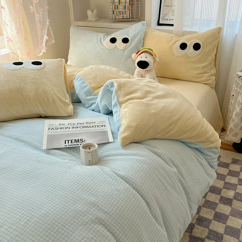Winter Solid Plush Bedding Set 4Pcs Big Eyes Skin-Friendly Bedclothes for Dorm Home Thick Warm Quilt Cover Bedsheet Pillowcase
